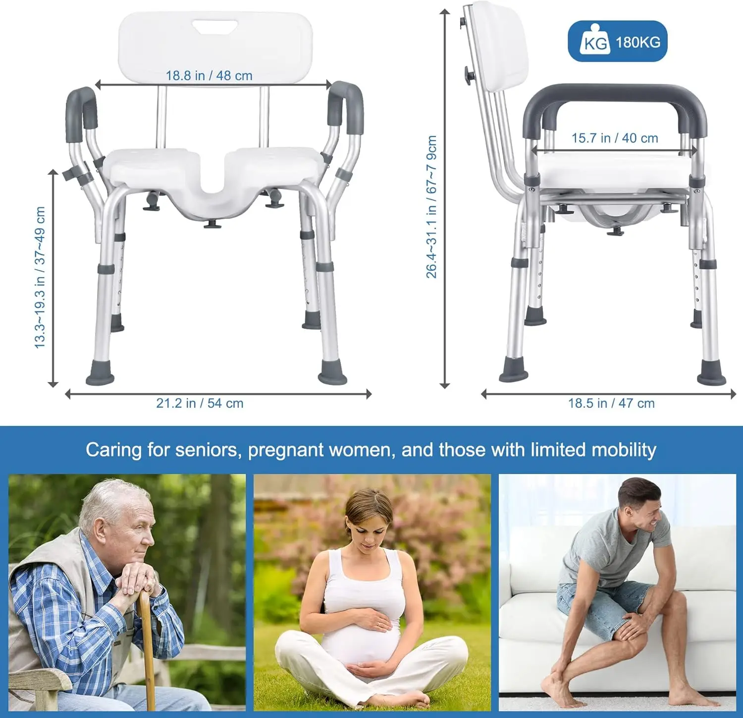 Shower Stool with Hygiene Cut-Out, 6 Height Adjustable Shower Chair with Backrest Armrests Load up to 180kg with Non-Slip