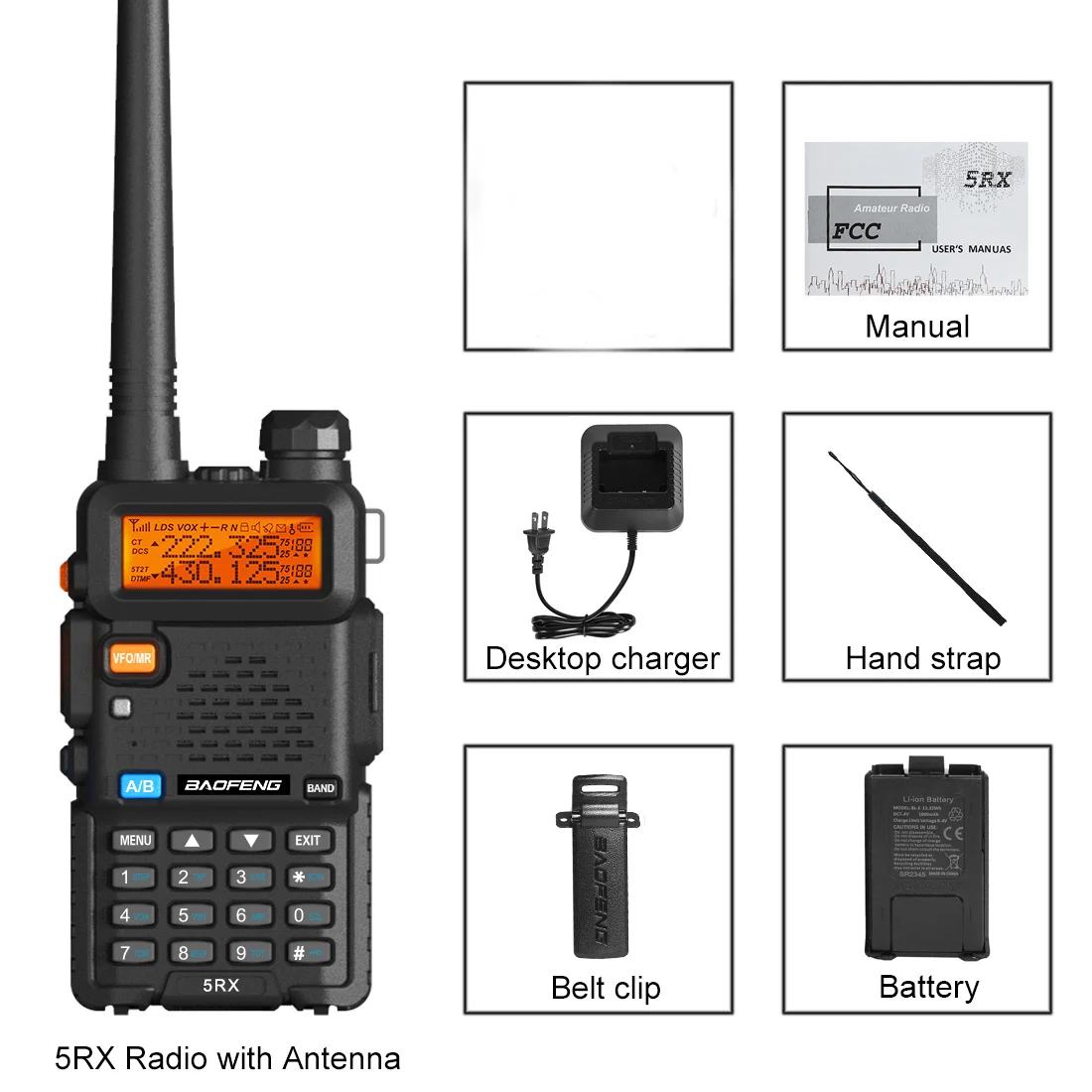 Baofeng 5RX Radio 5W VHF 1.25M UHF Walkie Talkie One Key Frequency Match 128 canali Encoder DTMF 1800mAh Batteria 5RM 5RH Pro