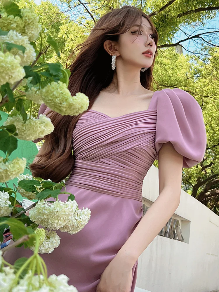 Vestido de noche semiformal de manga corta para mujer, corte ajustado, cuello cuadrado, elegante