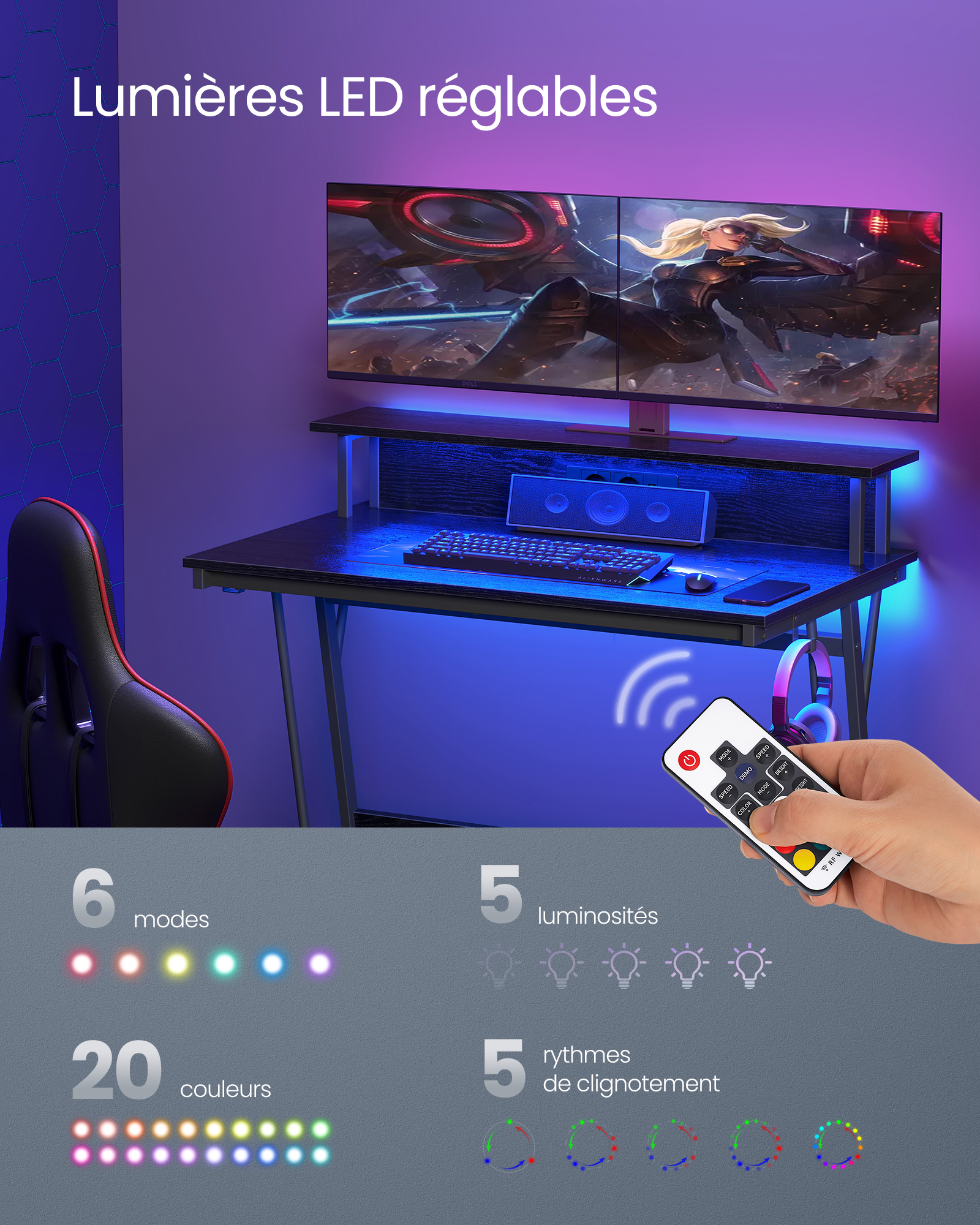 VASAGLE Bureau Gaming avec LED et Multiprise, Table Gamer, Bureau Informatique avec Rehausseur d’Écran, pour 2 Ordinateurs, pour Chambre, 60 x 100 x 76 cm