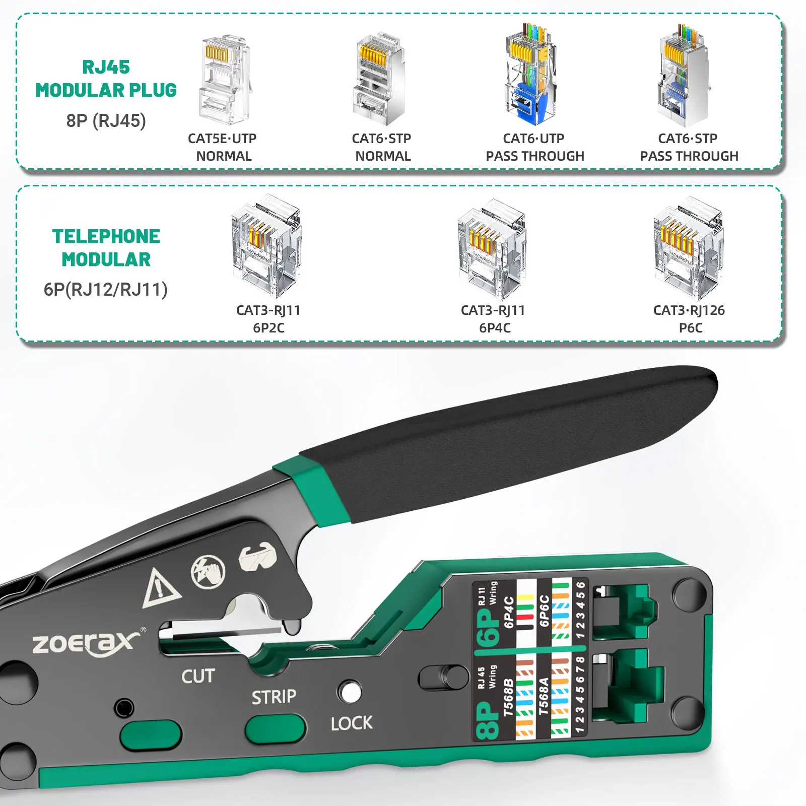 Обжимной инструмент ZoeRax RJ45, проходной обжимной резак для Cat6 Cat5 Cat5e 8P8C, модульный разъем Ethernet, универсальный инструмент для проводов