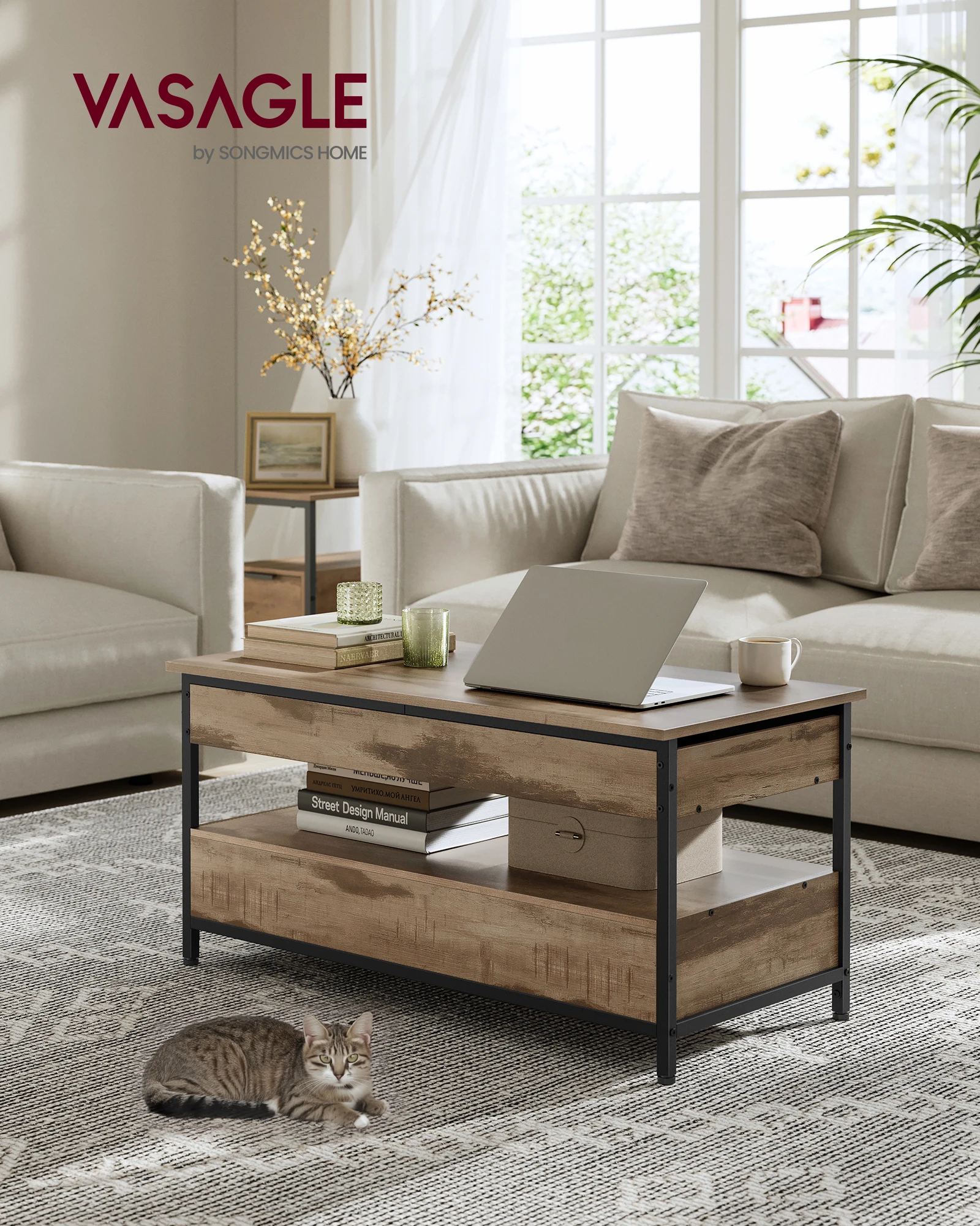 VASAGLE Table Basse, Table de Salon avec Plateau Relevable, Tiroirs de Rangement, avec Rangement Ouvert et Compartiment Caché