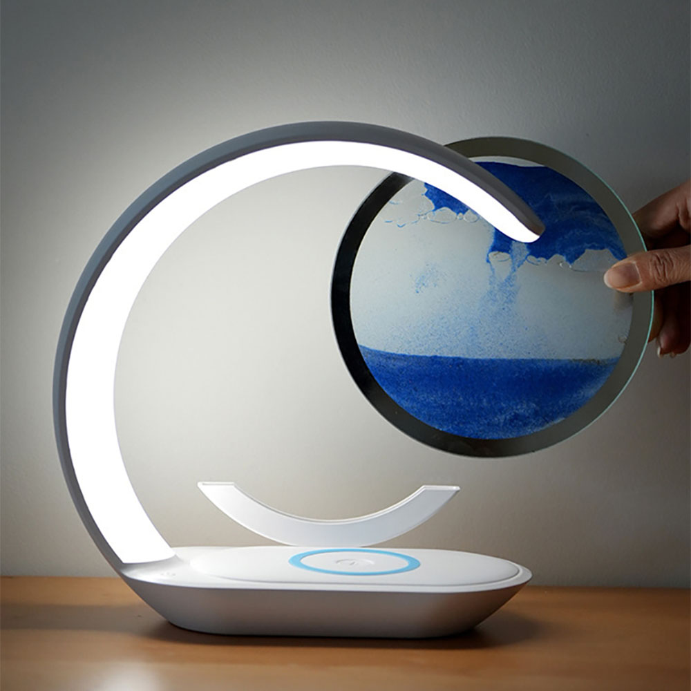 Quicksand Table Lamp Wireless Charging Desk Lamp 3D Hourglass Ornaments Sand Painting Night Light for Office Room Decoration