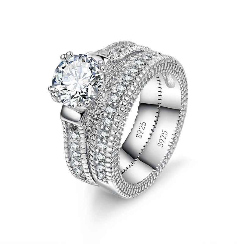 Elegantes Paarring-Set für Hochzeit, Verlobung, 925er-Sterlingsilber, farbiges Jubiläumsaccessoire mit vollständig glänzendem Zirkon-Stein