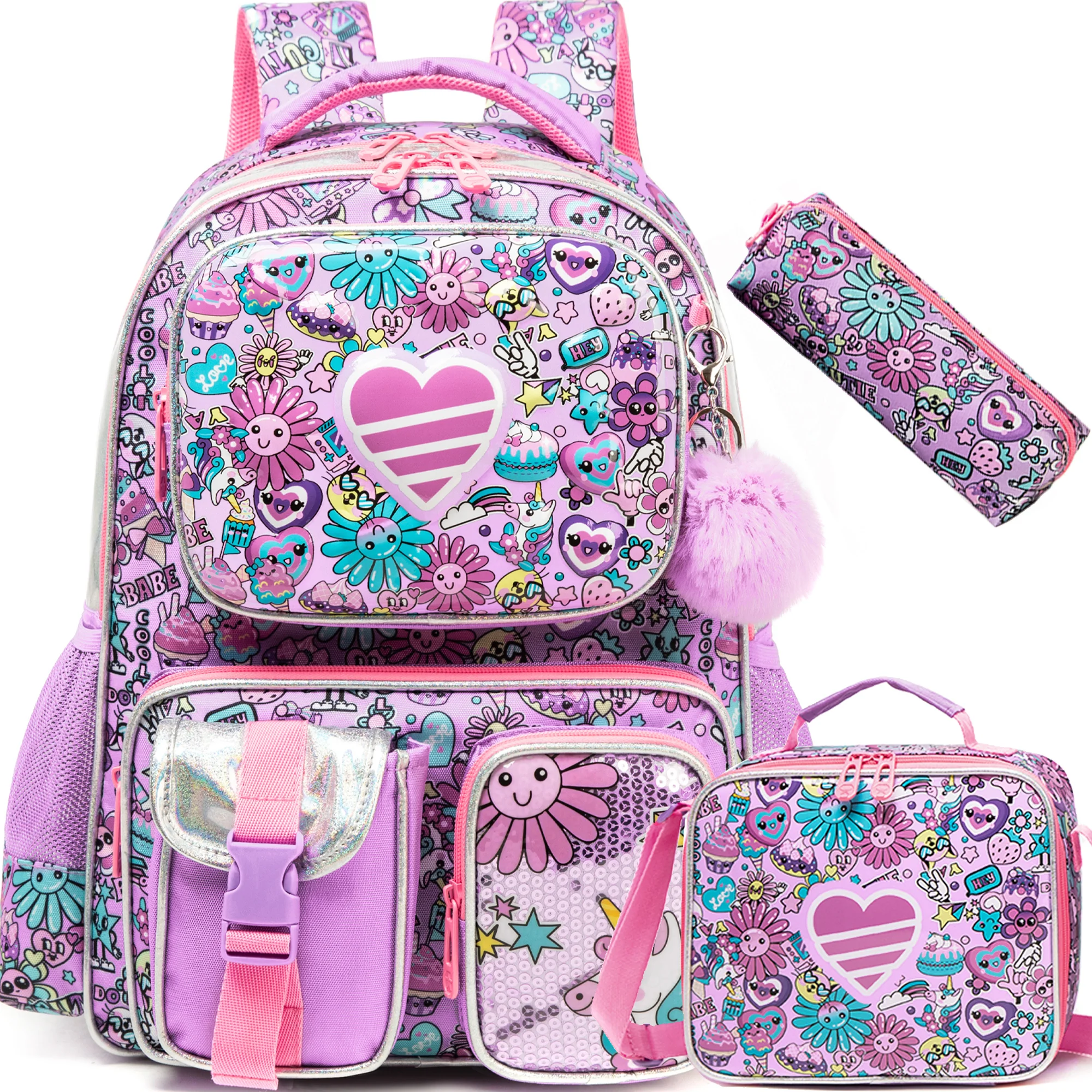 Schulrucksack für Mädchen mit Lunchtasche, Federmäppchen, Hartschalen-Design mit mehreren Taschen, verstellbare Träger für Schulreisen oder Picknicks