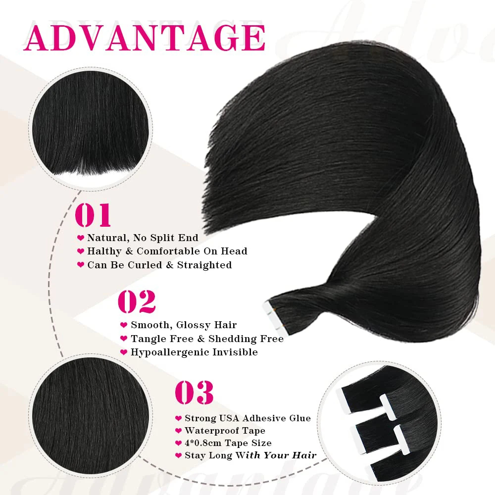 Bande dans les Extensions de cheveux Remy cheveux humains 20 pièces droite sans couture peau trame bande Extensions de cheveux naturel noir cheveux pour les femmes