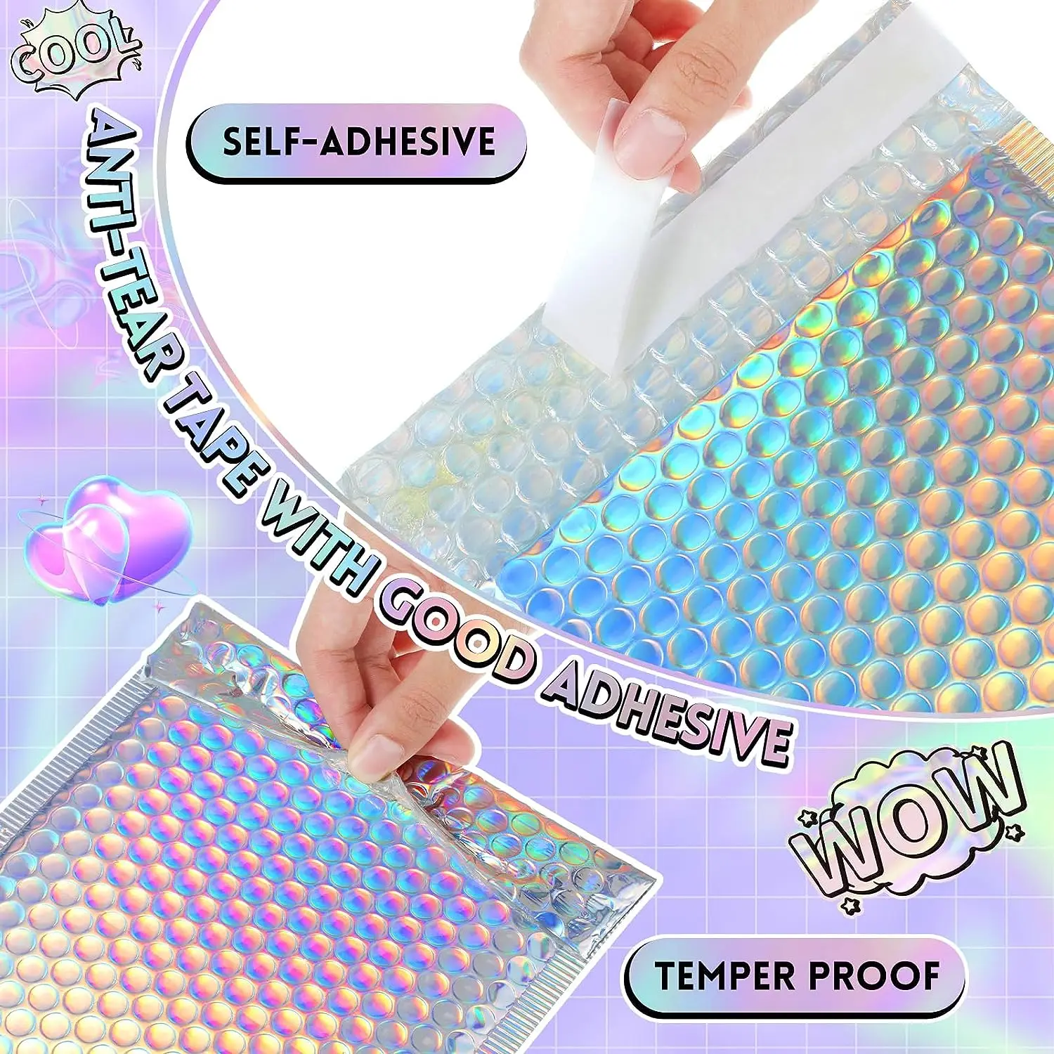 Laser Bubble Mailers Sacos para embalar Produtos, Kpop Suprimentos de Embalagem, Mailer Holográfica, Pacotes de Envio, Small Business, 100Pcs