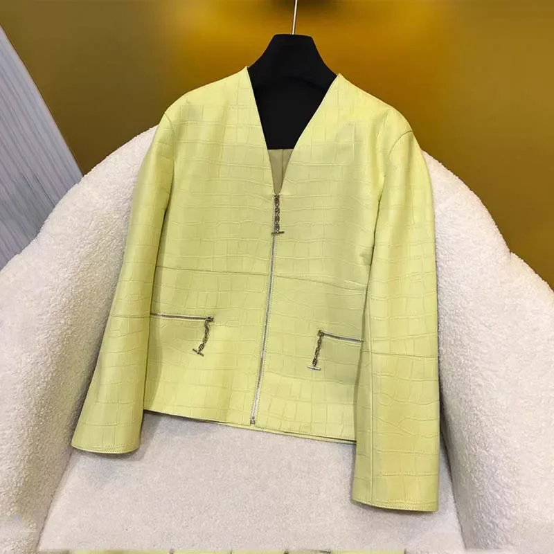 Echt leren jack V-hals kraag korte lengte kleding hoge kwaliteit mi krokodillenleer jas lente dames