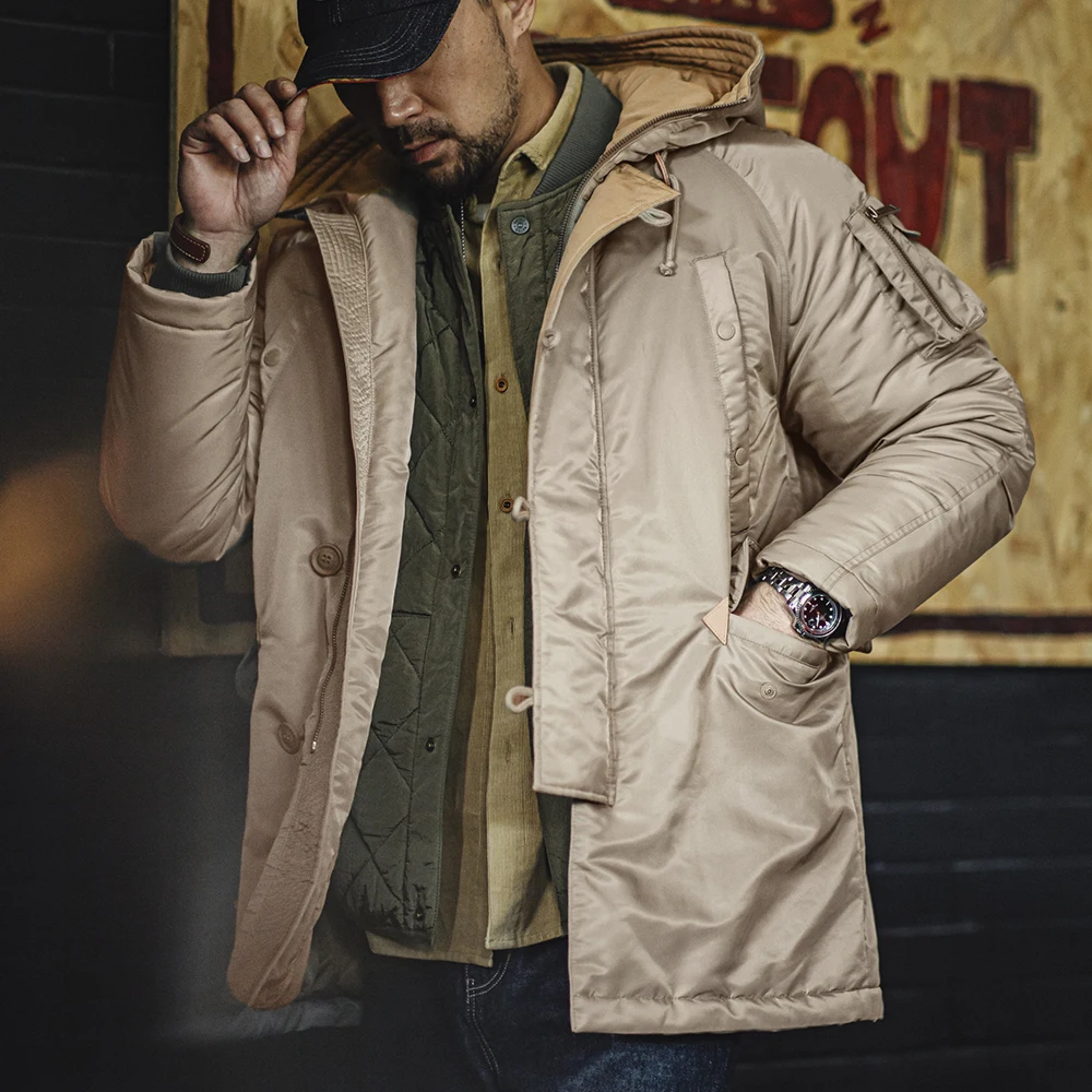 Maden Retro Pilot Chaqueta acolchada de algodón Abrigo cálido con capucha de longitud media grueso para hombres Otoño e Invierno Color caqui prendas de vestir