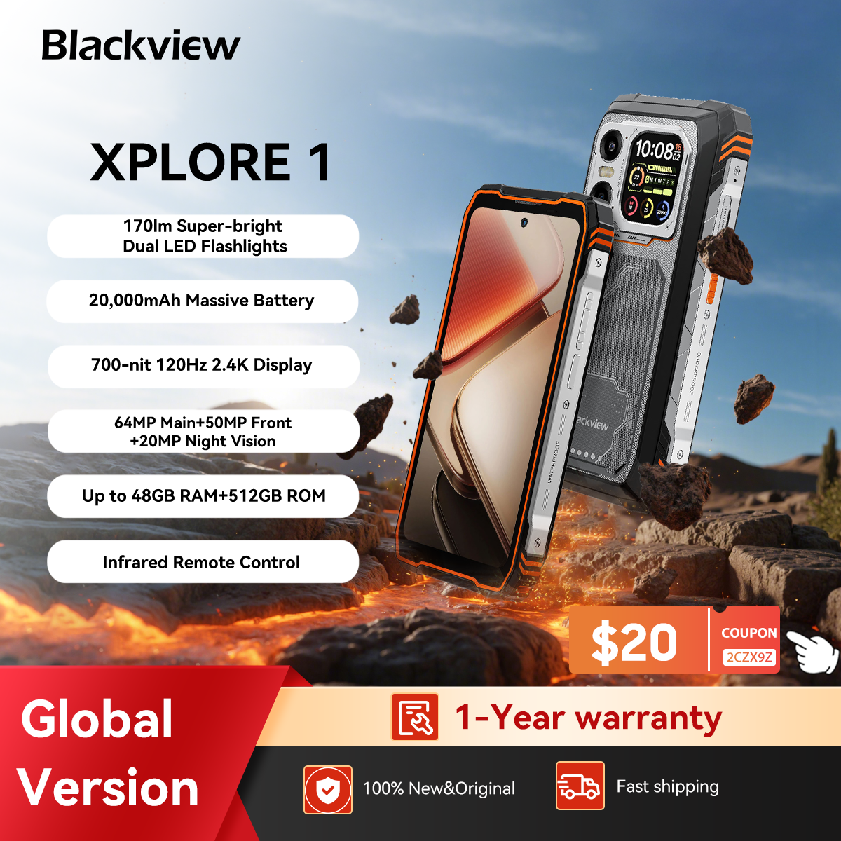Blackview XPLORE 1 Outdoor Mobile Phone, 5G Waterproof Rugged Smartphone Android 15, 6.78'' 2.4K Display, 16GB+512GB, 20000mAh
