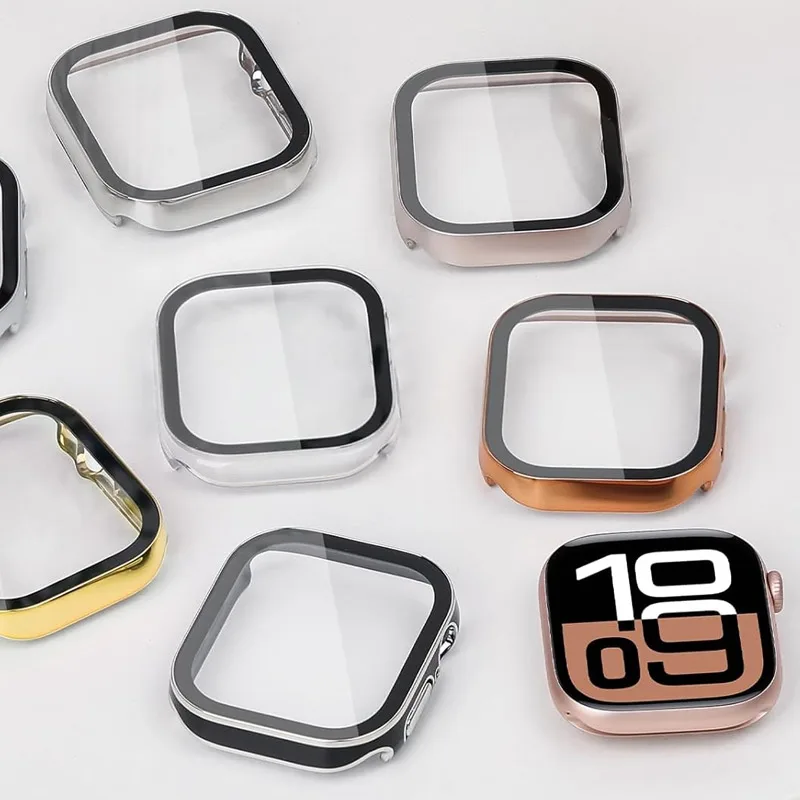 ป้องกันหน้าจอสําหรับ Apple Watch 10 กรณี 46 มม.42 มม.45 มม.44 มม.41 มม.40 มม.44 กระจกนิรภัย PC กันชน Series 7 8 9 SE 6 5 4
