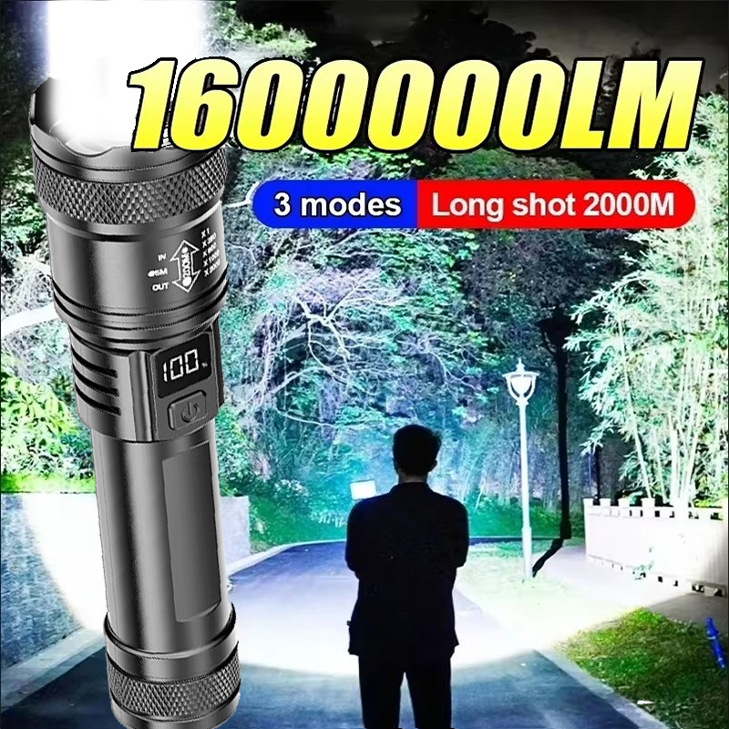 Hochstarke LED-Taschenlampen, 2000 lm, taktische Taschenlampe mit Display-Licht, USB-Aufladung, Camping, Angeln, Notfall-Zoom-Laterne