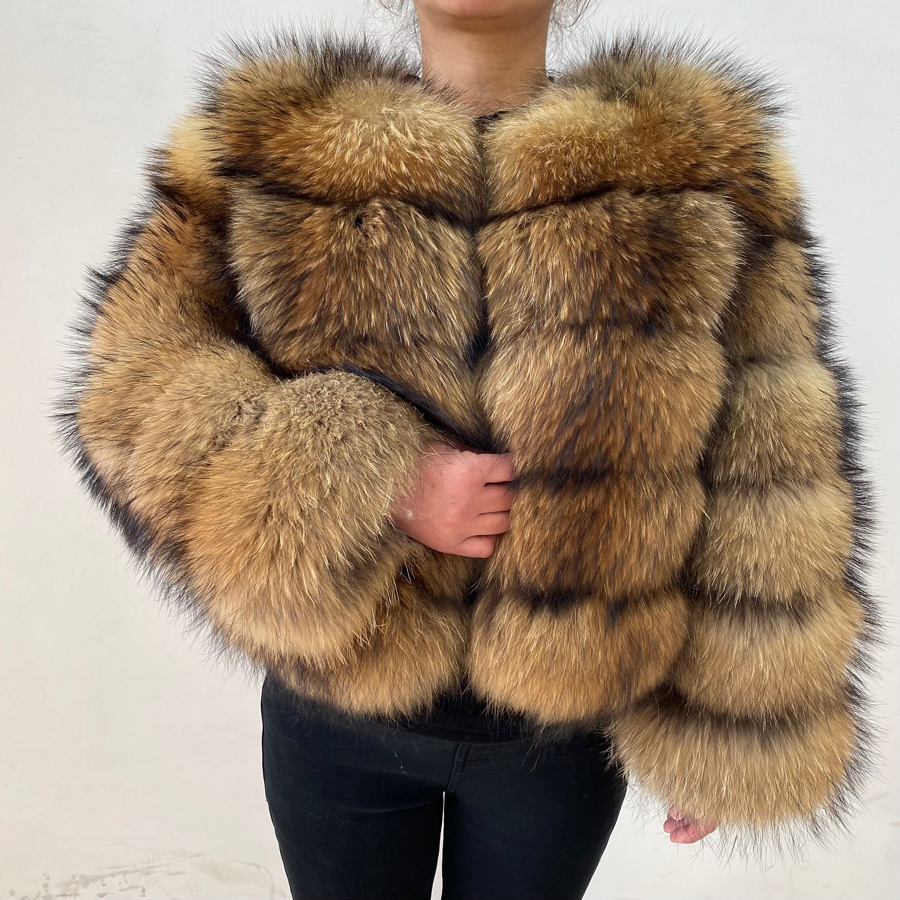 Damesbontjas - Winter Dames Warme natuurlijke wasbeerbontjas - Modieuze luxe reguliere merk lederen jas