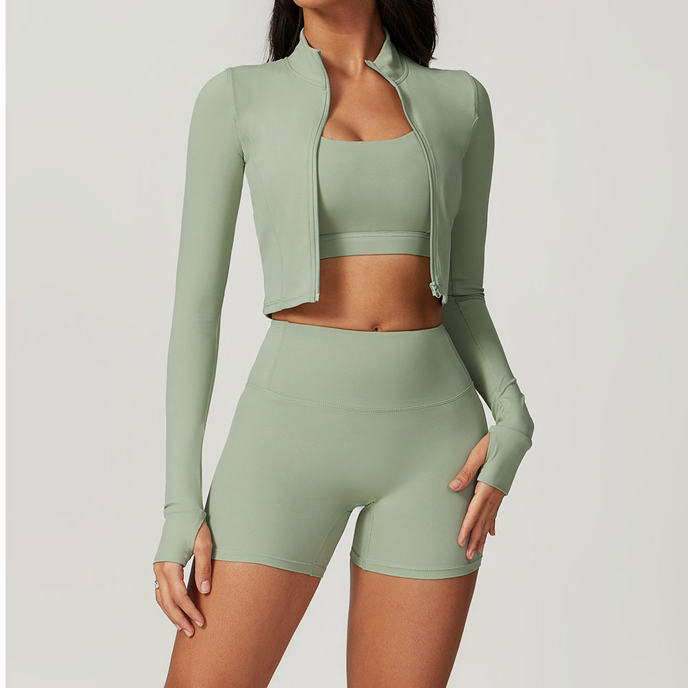 Conjunto de 3 uds de Yoga para mujer, conjuntos de entrenamiento, ropa deportiva para gimnasio, Fitness, cremallera, manga larga, mallas de cintura alta, trajes deportivos, traje de Yoga