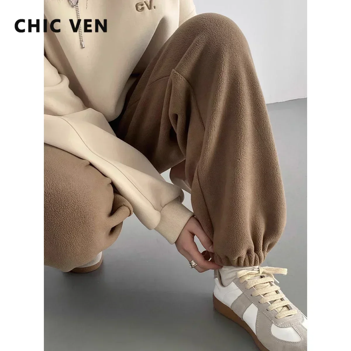 CHIC VEN-Calças esportivas de cintura alta para mulheres, calças de lã, grossas, macias, quentes, soltas, casuais, femininas, outono, inverno, novo, 2023