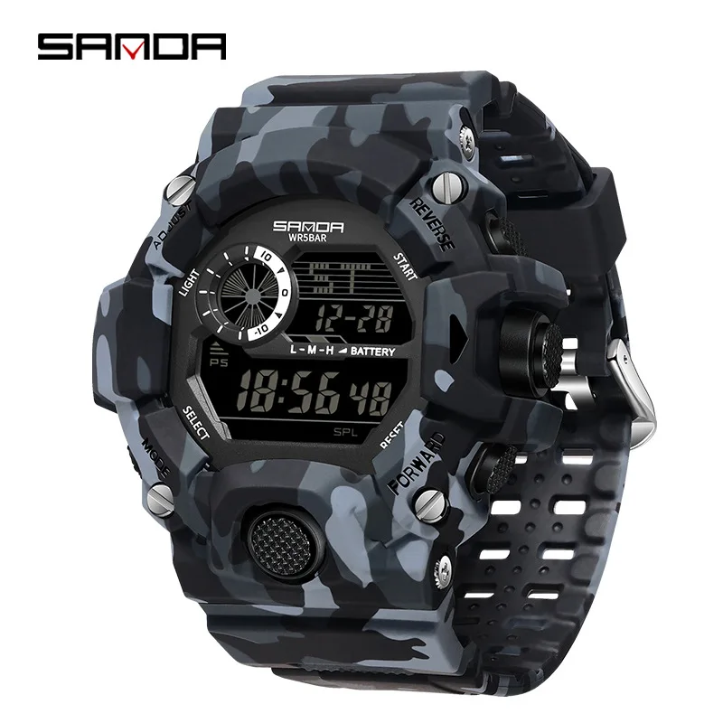 SANDA 2183 Reloj electrónico Moda Camuflaje militar Impermeable Deportes al aire libre Pantalla digital Relojes de pulsera con correa de silicona para hombres
