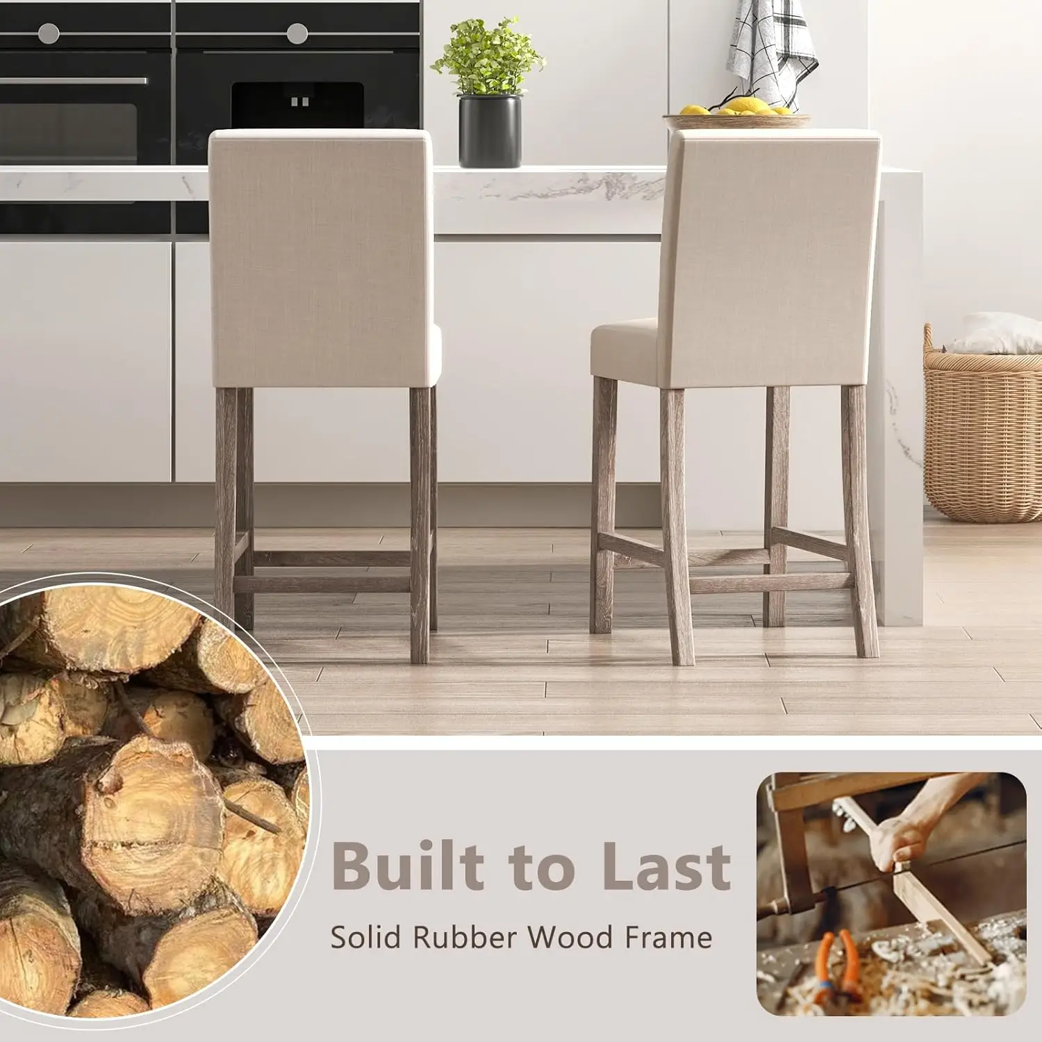 Bar Stools Counter Height Set of 2, 24.5" Modern Fabric Bar Chairs with Back, Footrest & Solid Wood Legs, Upholstered Wo