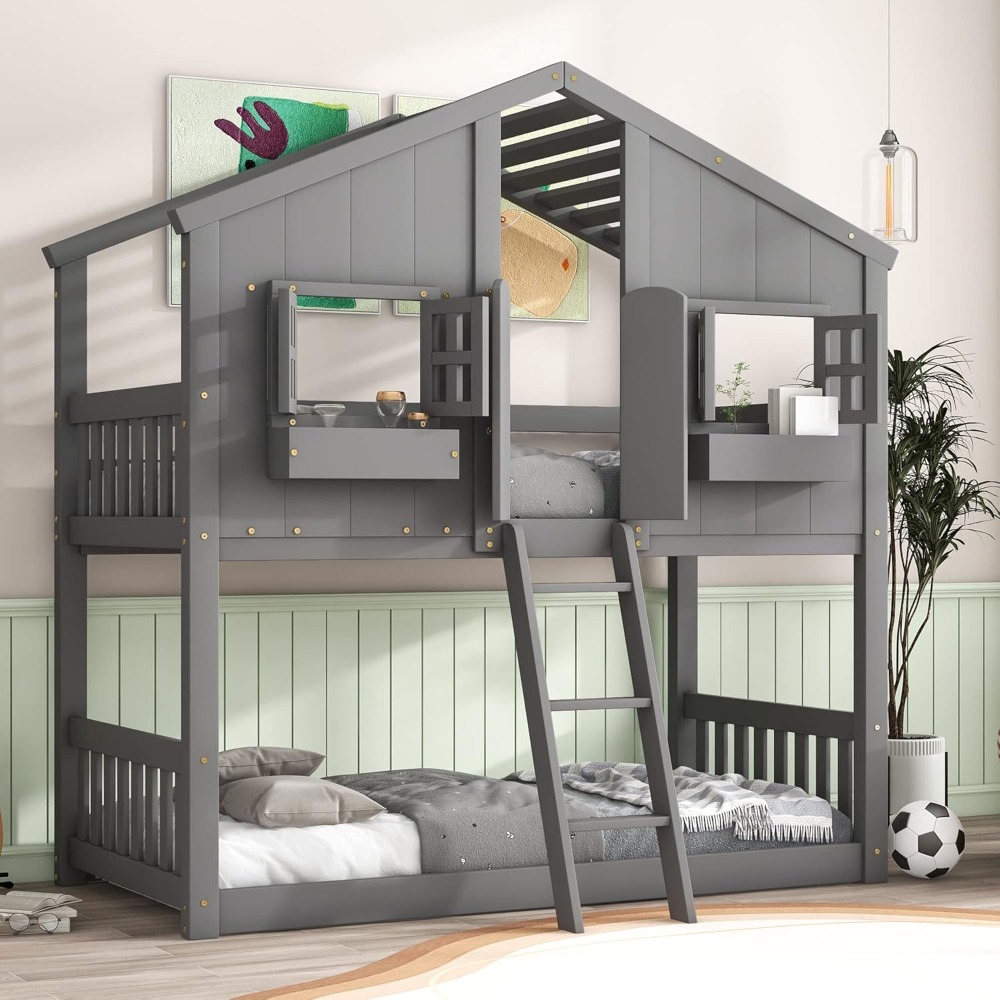 House Bunk Bed Twin Over Twin for Kids, Wood Bunk Beds, Floor Bunks Beds with Ladder and Guard Rails for Girls Boys,Grey