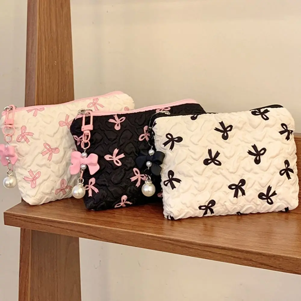 Bolsa de maquillaje de algodón para mujer, neceser de viaje acolchado, organizador de maquillaje portátil con lazo pequeño