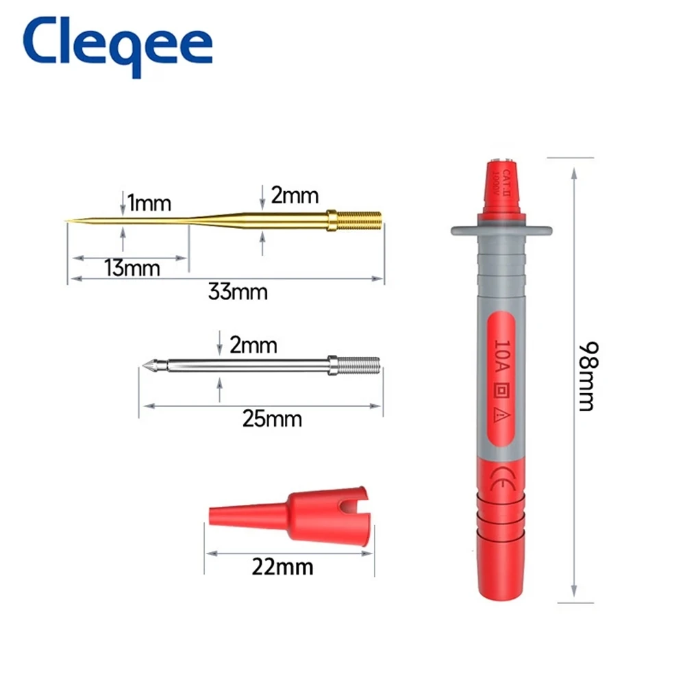 Cleqee P8003 pluma de sonda de prueba multímetro con agujas afiladas chapadas en oro reemplazables de 1mm + pluma de prueba multiusos de aguja de 2mm de espesor