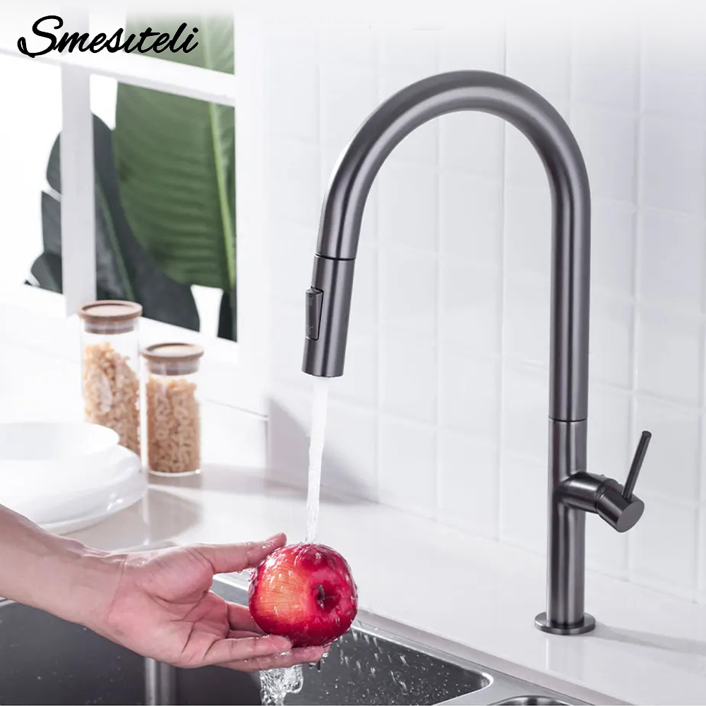 Металлический кухонный смеситель, вращающийся на 360 градусов, кухонный смеситель с выдвижным изливом, кухонный смеситель с одной ручкой, кран для раковины с горячей и холодной водой