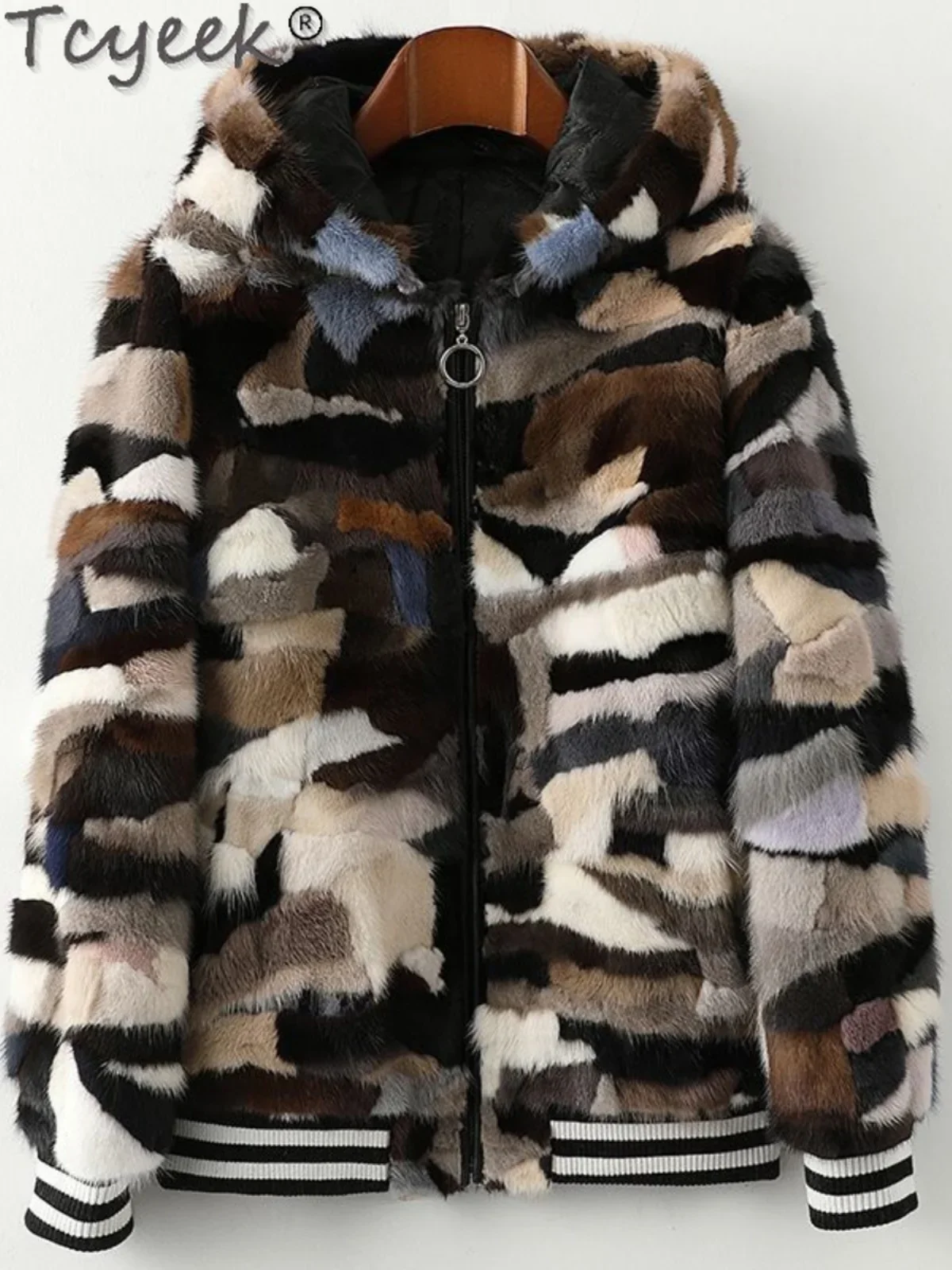 Tcyeek-abrigo de piel de visón para Mujer, ropa de invierno con capucha, Abrigos de piel auténtica, chaquetas cálidas de piel para Mujer, Abrigos de visón de retales 2024