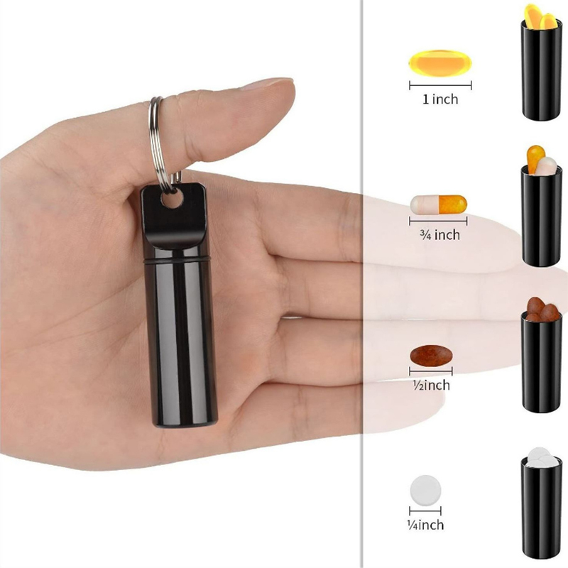 Aluminum Waterproof Pill Box Cases with Sealed Storage, Flat Head, Round Alloy Cartridge and Keychain for Vitamin Fish Oils