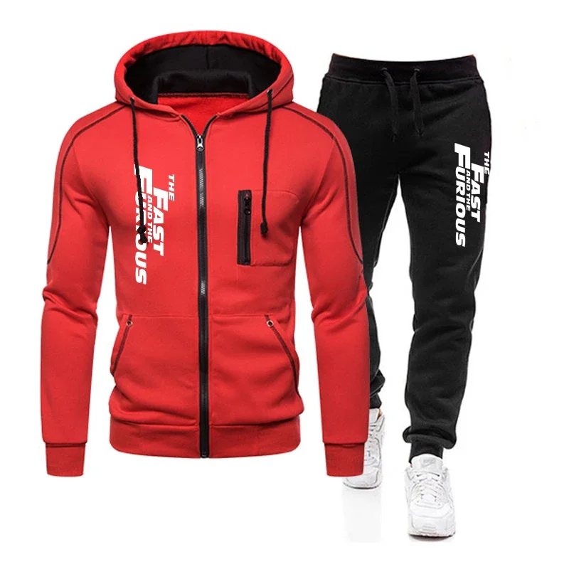 Herbst Winter Beliebter Herren-Trainingsanzug Reißverschluss Kapuzenjacke + Laufhose 2-teiliges Set Fast and Furious Print Freizeitmantel Kleidung