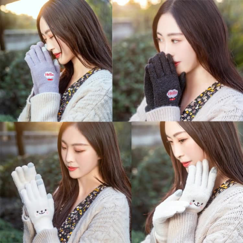 Guantes Kawaii para mujer, bonitos guantes de punto de lana cálidos con pantalla táctil de oso sonriente bordado de dibujos animados para otoño e invierno, algodón suave