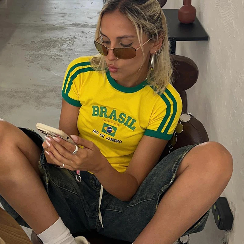 Camiseta y pantalones cortos con estampado de letras ARASIL estéticas para mujer, camisetas Vintage Grunge de manga corta para bebé, Top corto de verano, ropa Y2k