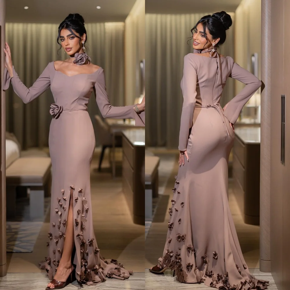 Personalizado intrincado elegante jérsei apliques flor plissado sereia fora do ombro vestidos longos sob medida vestidos de ocasião requintado