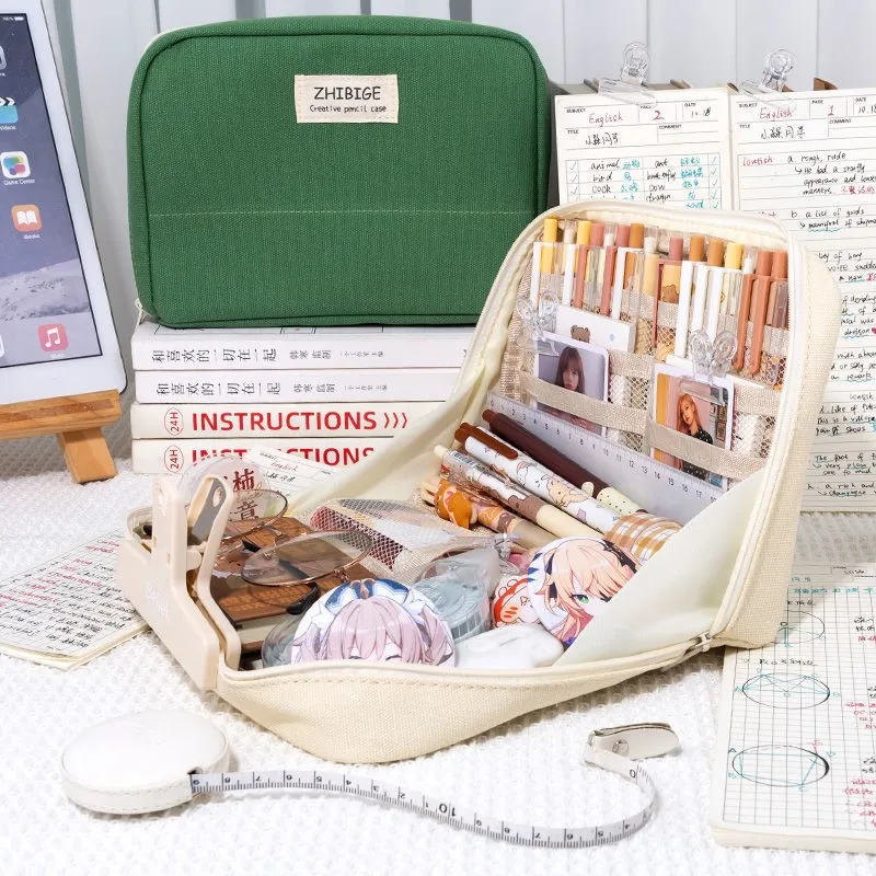 90 ° Estuche para lápices multicapa con apertura, artefacto de almacenamiento de papelería para estudiantes, bolsa de papelería clasificada y organizada de gran capacidad