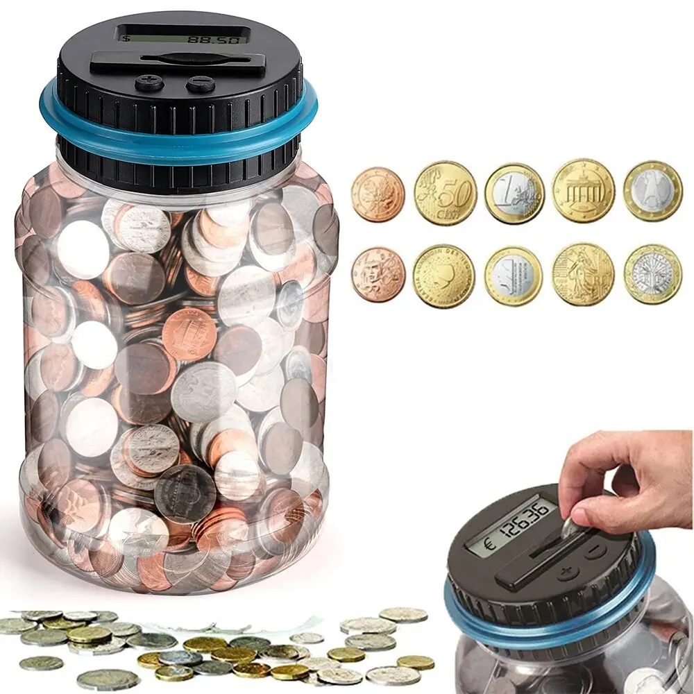 Salvadanaio elettronico Contatore Moneta LCD digitale Conteggio Moneta Scatola di risparmio di denaro Scatola di immagazzinaggio di monete in barattolo per regali di denaro EURO USD