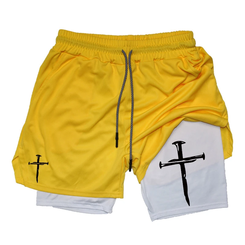 Cross Graphic 2 in 1 กางเกงขาสั้นวิ่งออกกําลังกายสําหรับผู้ชาย Christian Gym Performance กางเกงขาสั้นพร้อมกระเป๋าโทรศัพท์ผ้าเช็ดตัว Loop Active Wear