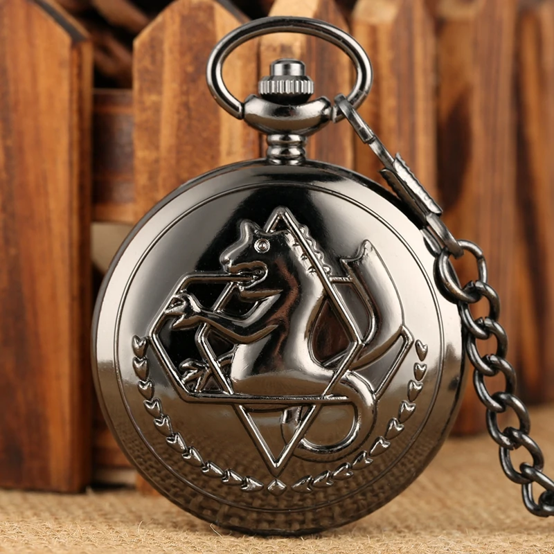 빈티지 블랙 풀 메탈 연금술사 석영 주머니 시계 Steampunk 인기 에드워드 엘릭 목걸이 체인 팬 코스프레 애니메이션 시계