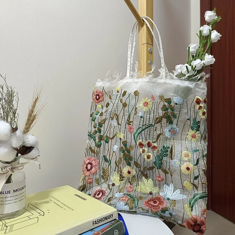 ปักลูกไม้ดอกไม้ไหล่กระเป๋าผู้หญิง Handmade ตาข่ายช้อปปิ้งกระเป๋า Retro Art Tote กระเป๋าชายหาดกระเป๋า Bolsa Playa
