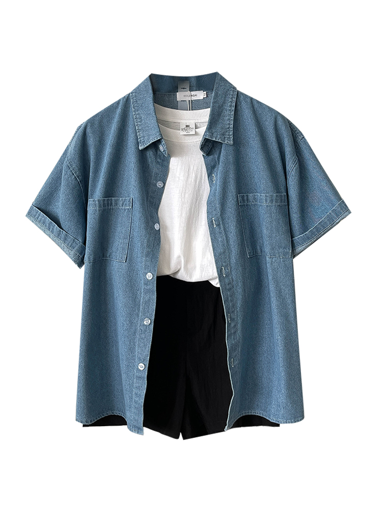 Csa de Manga Curta em Jeans Retro Solta Moda Fena Verão Novo Estilo Cseta Branca orts Pretos Versão Coreana Mistu...