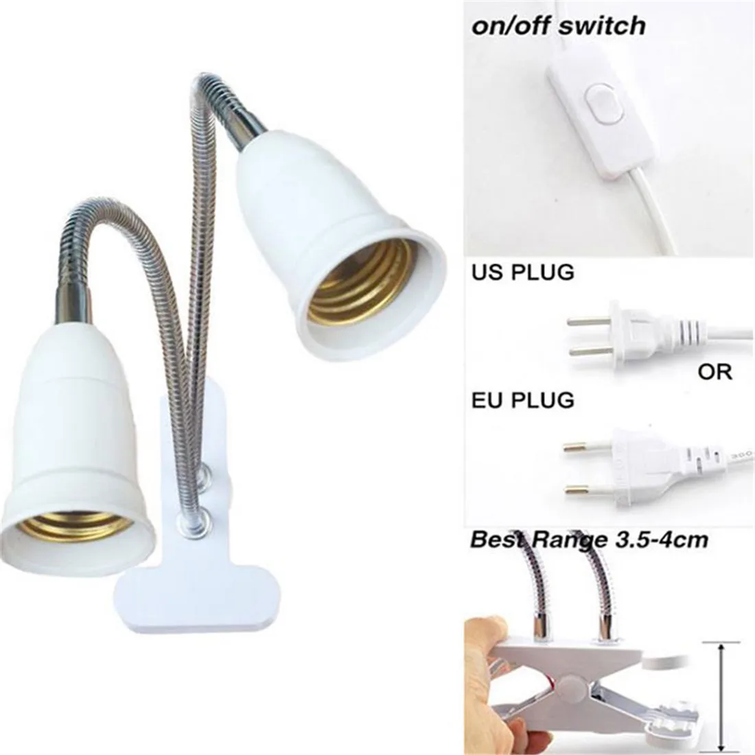 Portalámparas de escritorio Flexible con enchufe UE EE. UU., 360 grados, Base E27, Cable con Clip de cuello de cisne con interruptor de encendido y apagado para plantas domésticas
