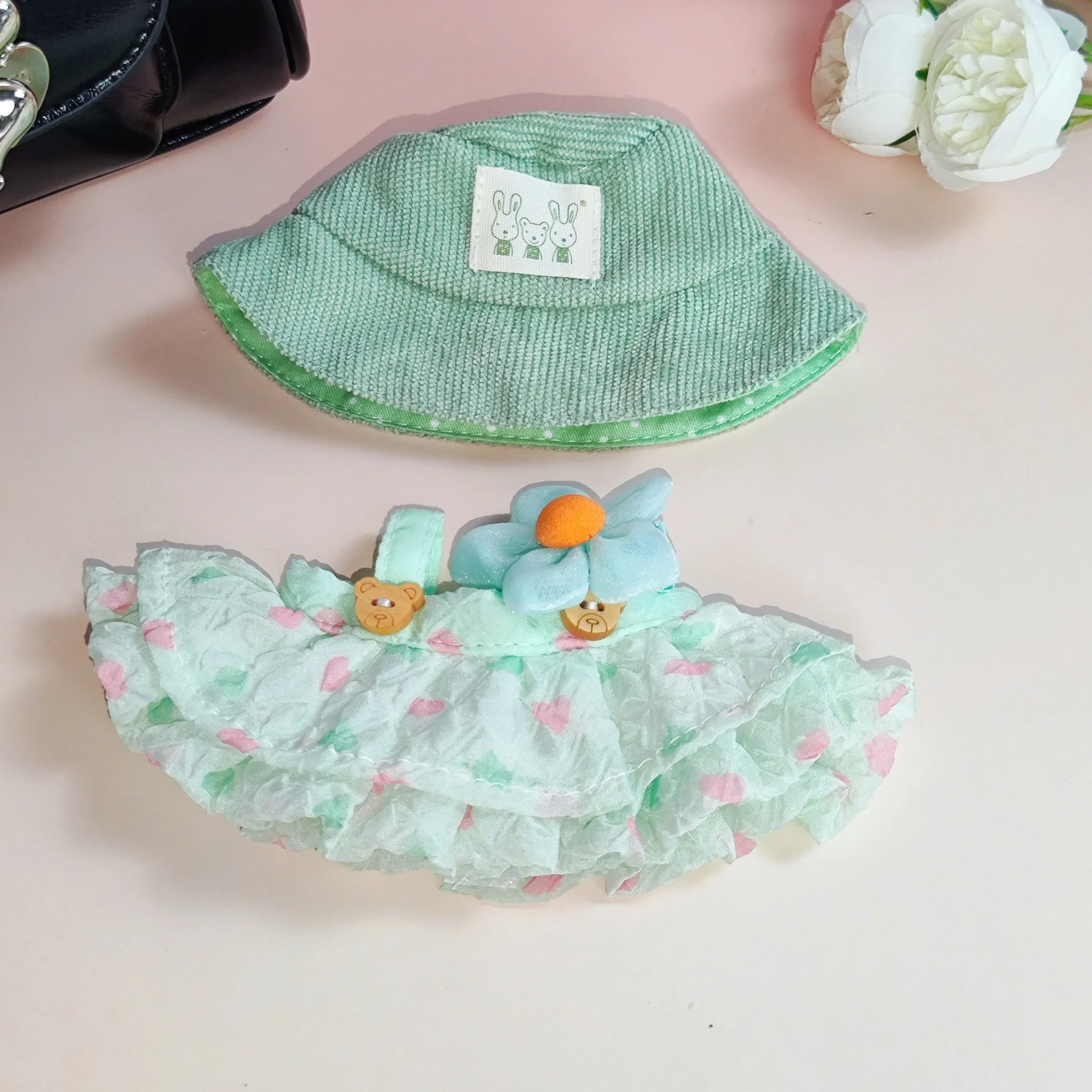 Voor 17 cm Labubu Pop Outfit Gerimpelde Rok Bloem Haarspeld Set Visser Hoed Labubu Kleding Ropa Labubu