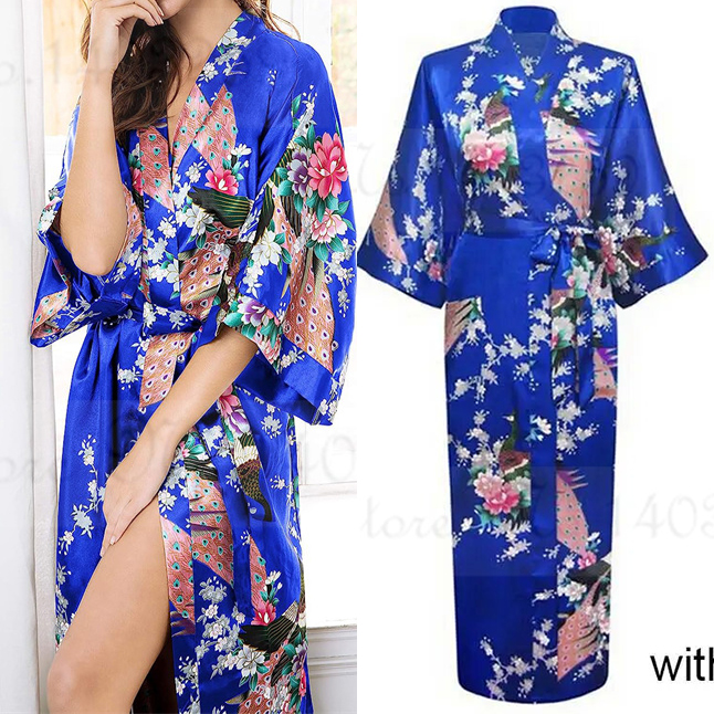 Große Größe 3XL Blume Kimono Bademantel Kleid Frauen Lange Robe Nachthemd Druck Pfau Satin Nachtwäsche Hause Kleid Lose Loungewear