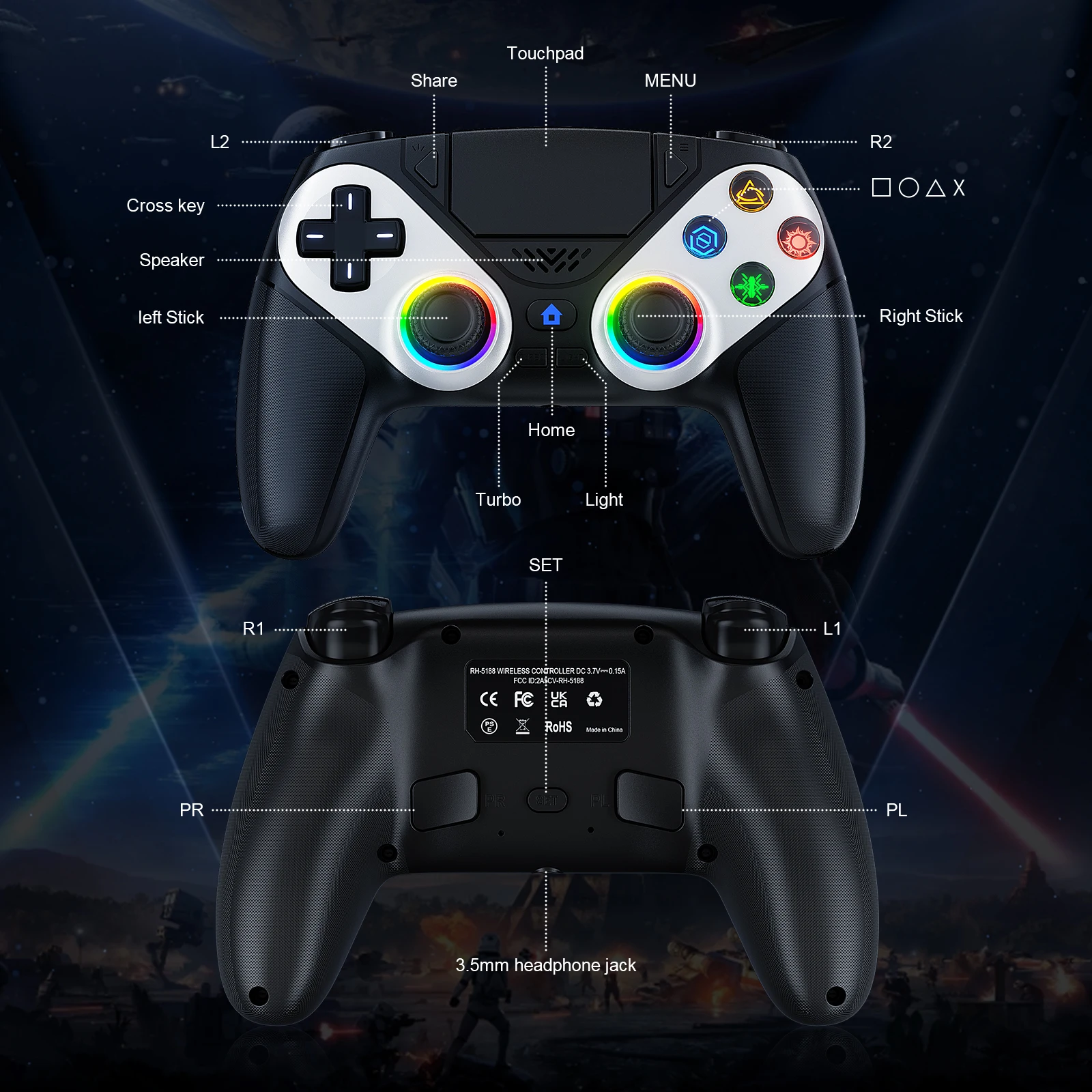 Mando Bluetooth para Playstation 5, controlador inalámbrico, consola PS5, controlador de juegos con programación de vibración Turbo Dual Sense