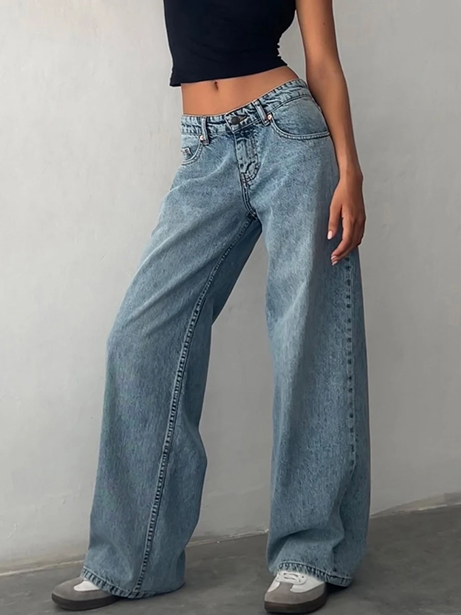 Y2k Vintage Low Rise Jeans dla kobiet Jeans Wide Straight Leg Baggy Jeans Boyfriend Denim Pants with Pocket Streetwear