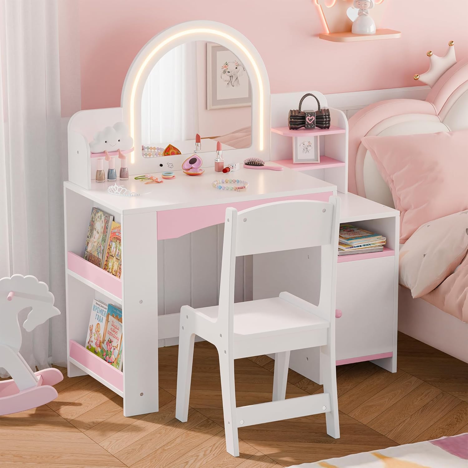 Kids Vanity with Lights, 2-in-1 Makeup Desk & Chair Set with Mirror, White Warm home