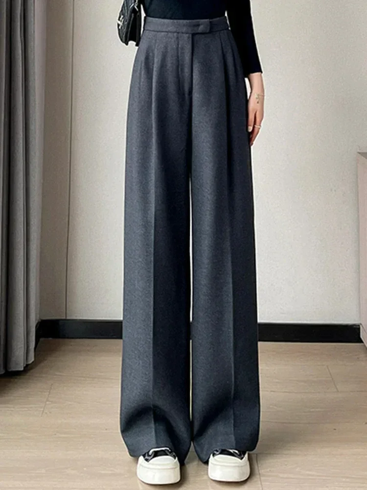 WOLLE Herbst Schlank Hohe Taille Gerade frauen Hosen Casual Einfarbig Lose Chic Weibliche Breite Bein Hosen Mode Büro Damen