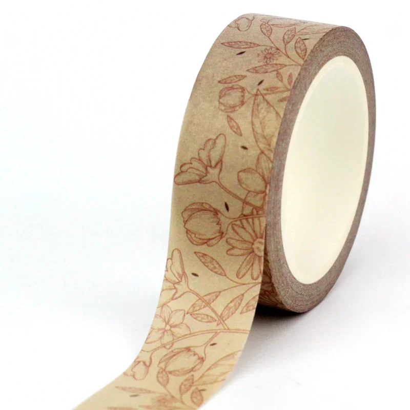 1 unidad. Cinta Washi de flores con silueta de Kraft Vintage, decoración de 10M, para diario, regalo, cinta adhesiva, papelería bonita para diario