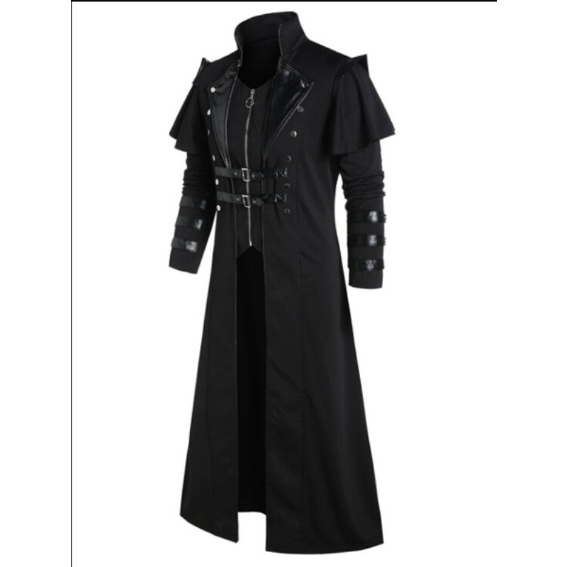 Vintage Men's Gothic Steampunk Long Jacket Trench Coat Retro Medieval Warrior Knight Overcoat Male Victoria Long Coat Plus Size