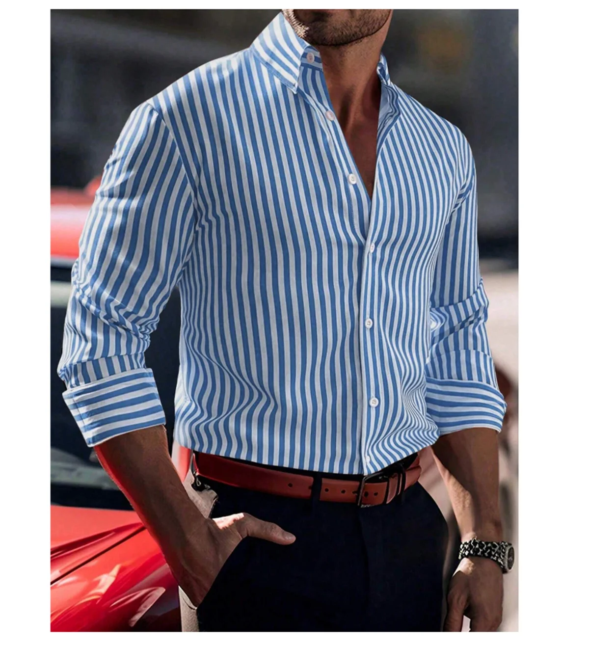 Camisa masculina série tiki cor sólida listrado padrão impresso manga comprida lapela botão camisa casual tecido confortável e macio