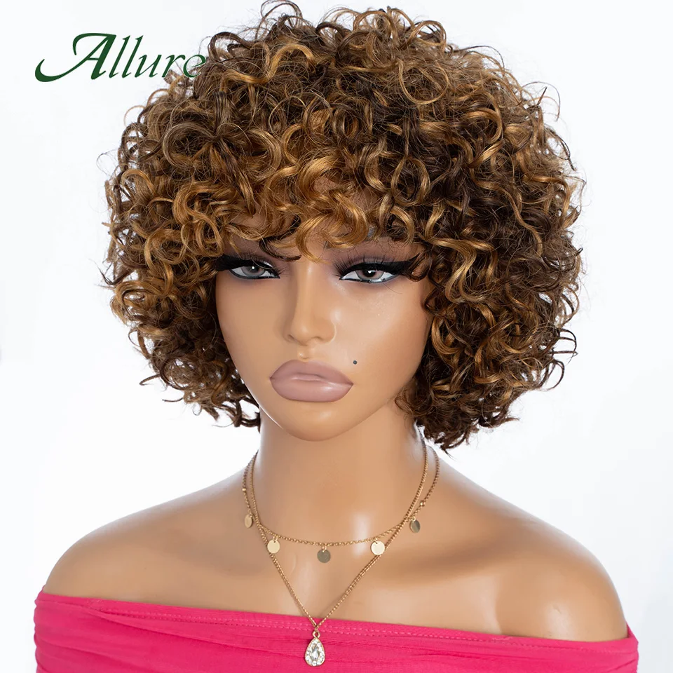 บราซิลสั้น Pixie Bob ตัดผมมนุษย์ Wigs สําหรับผู้หญิง Jerry Curly ผมวิกผมกับ Bangs 10 นิ้วไฮไลท์สีวิกผม Allure