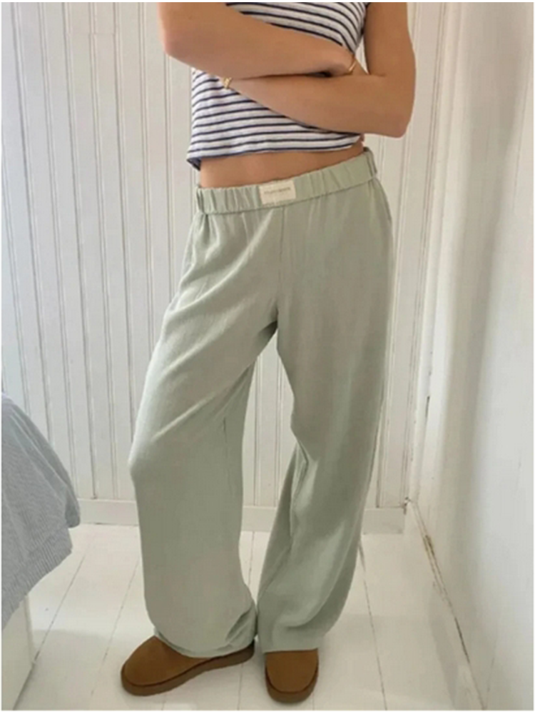 Calça feminina listrada rosa com cintura elástica e bolso, perna reta, solta, casual, confortável, verão, y2k