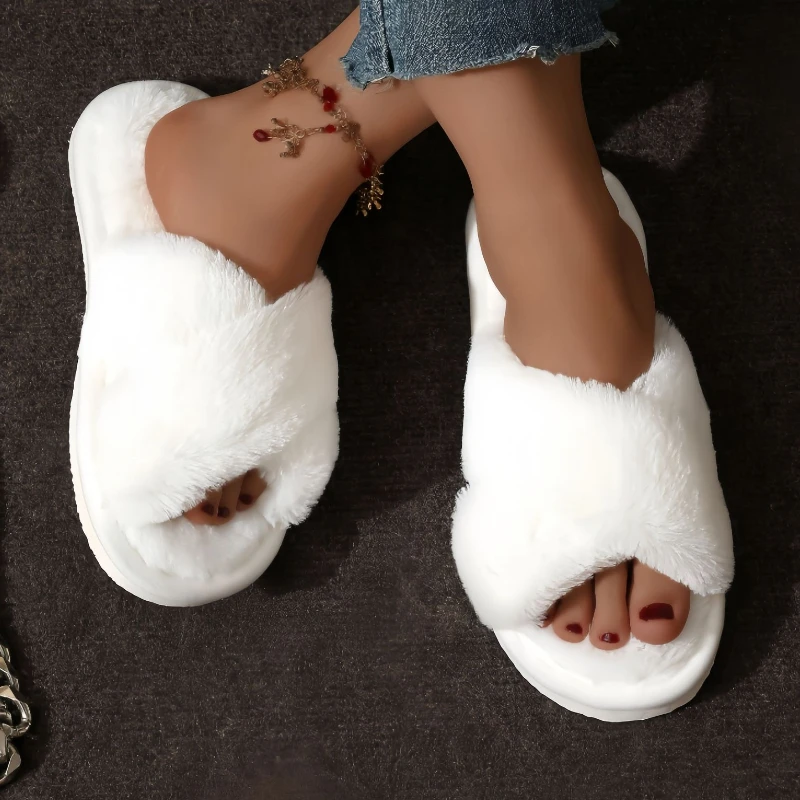 Herfst Nieuwe Mode Cross Strap Bont Slippers Vrouwen Indoor Licht Warm Pluche Thuis Slippers Vrouw Nepbont Platte Hak Paar Slides